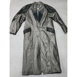 VTG 80's 90's Greg Bell Black Genuine Leather Trench Coat Jacket Medium Paisley